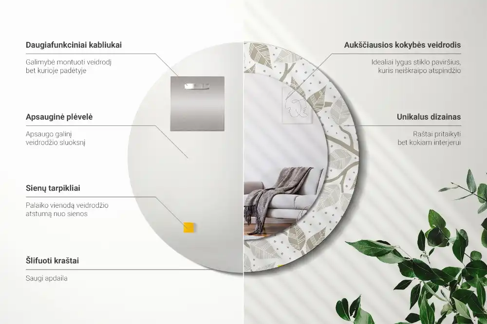 Miroir rond avec décoration oiseaux jaunes sur des branches