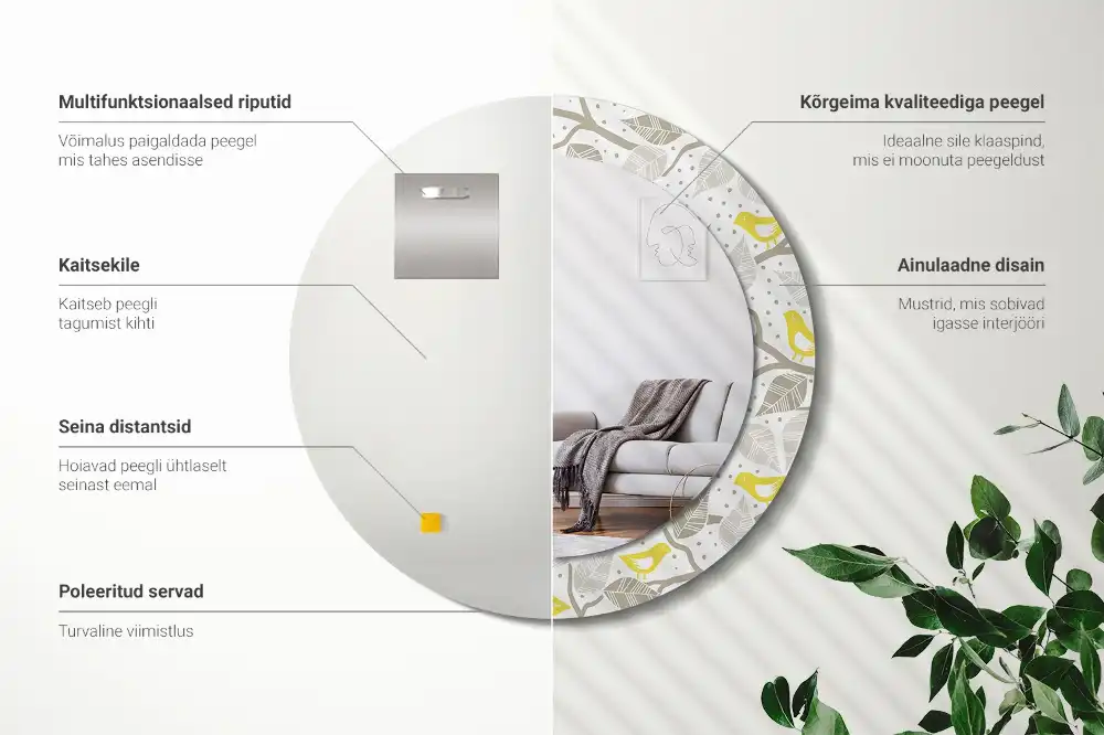 Miroir rond avec décoration oiseaux jaunes sur des branches