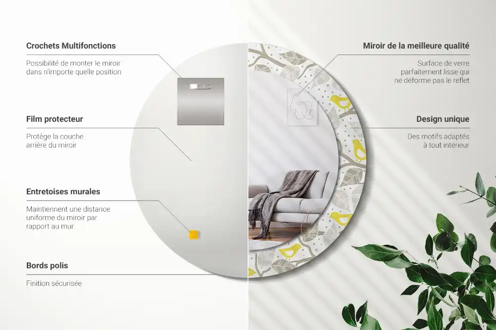 Miroir rond avec décoration oiseaux jaunes sur des branches