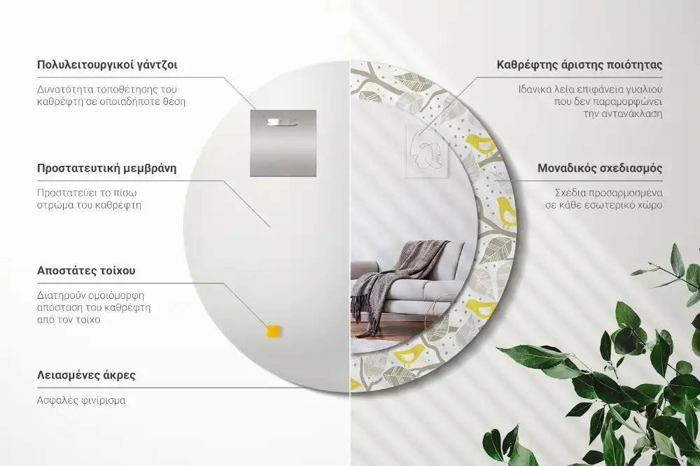 Miroir rond avec décoration oiseaux jaunes sur des branches
