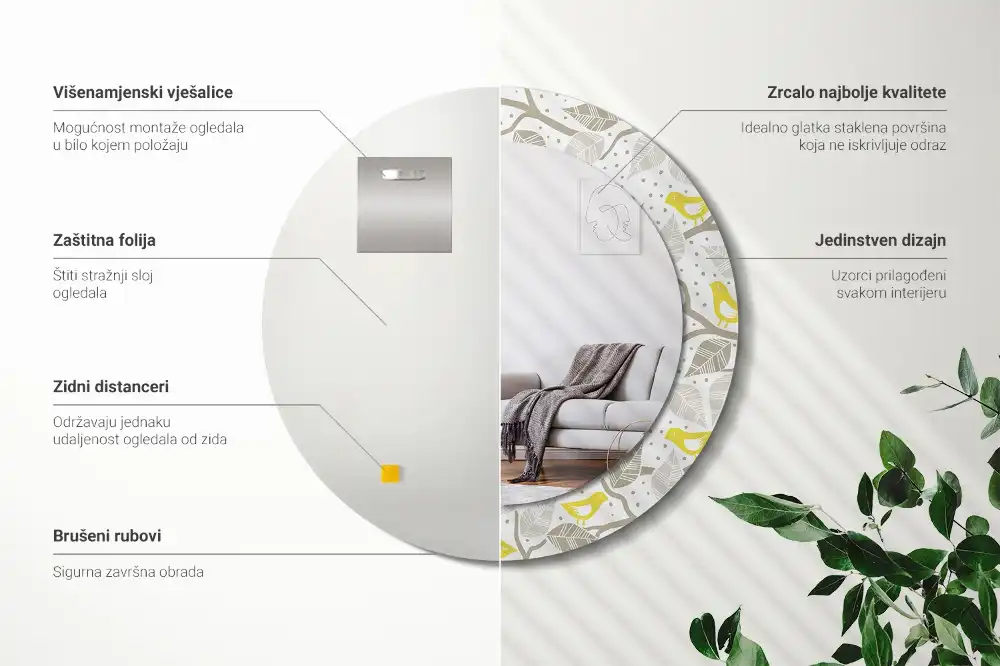 Miroir rond avec décoration oiseaux jaunes sur des branches