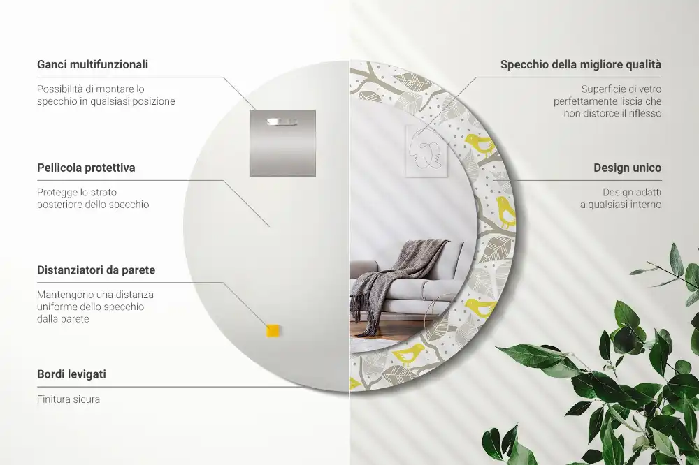 Miroir rond avec décoration oiseaux jaunes sur des branches