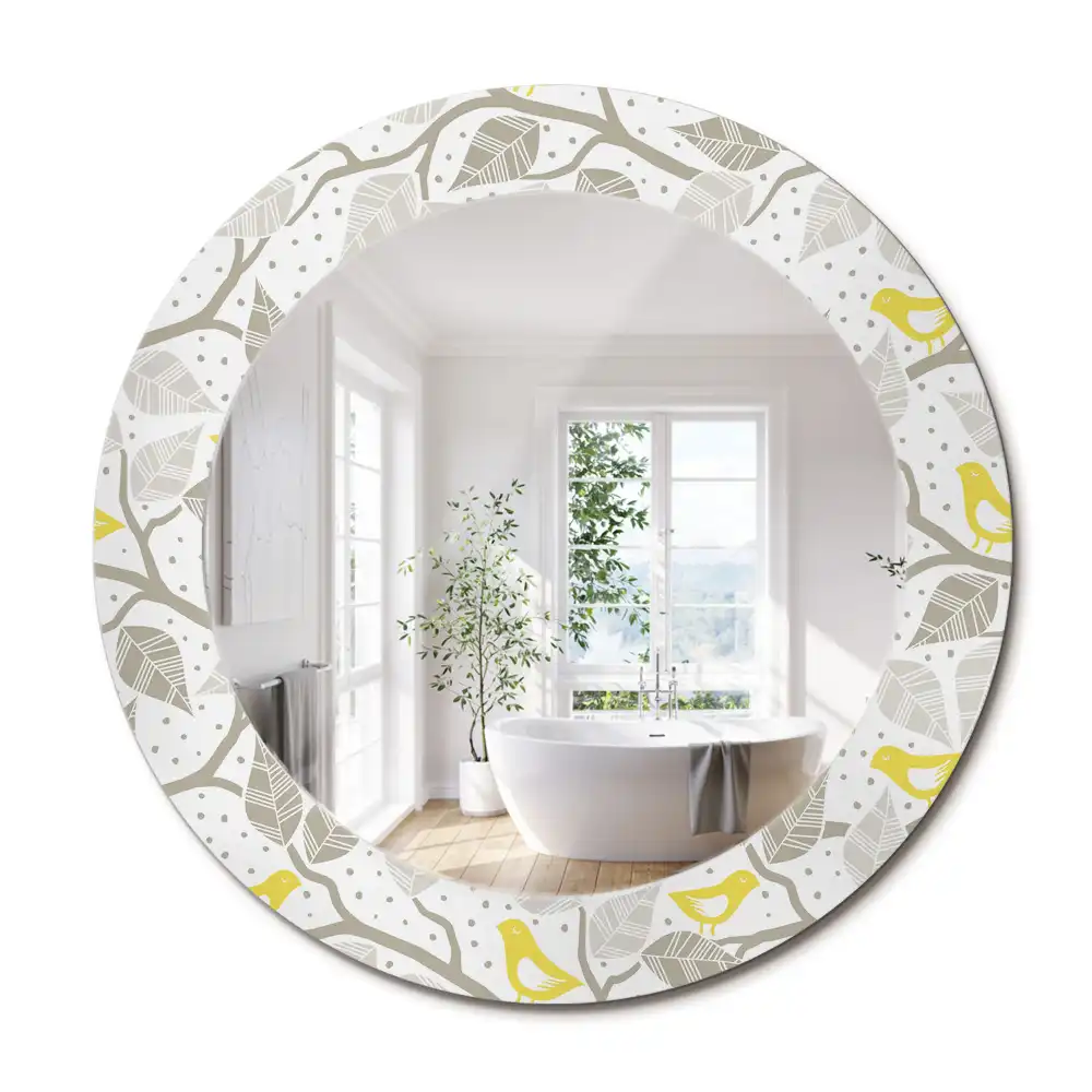 Miroir rond avec décoration oiseaux jaunes sur des branches