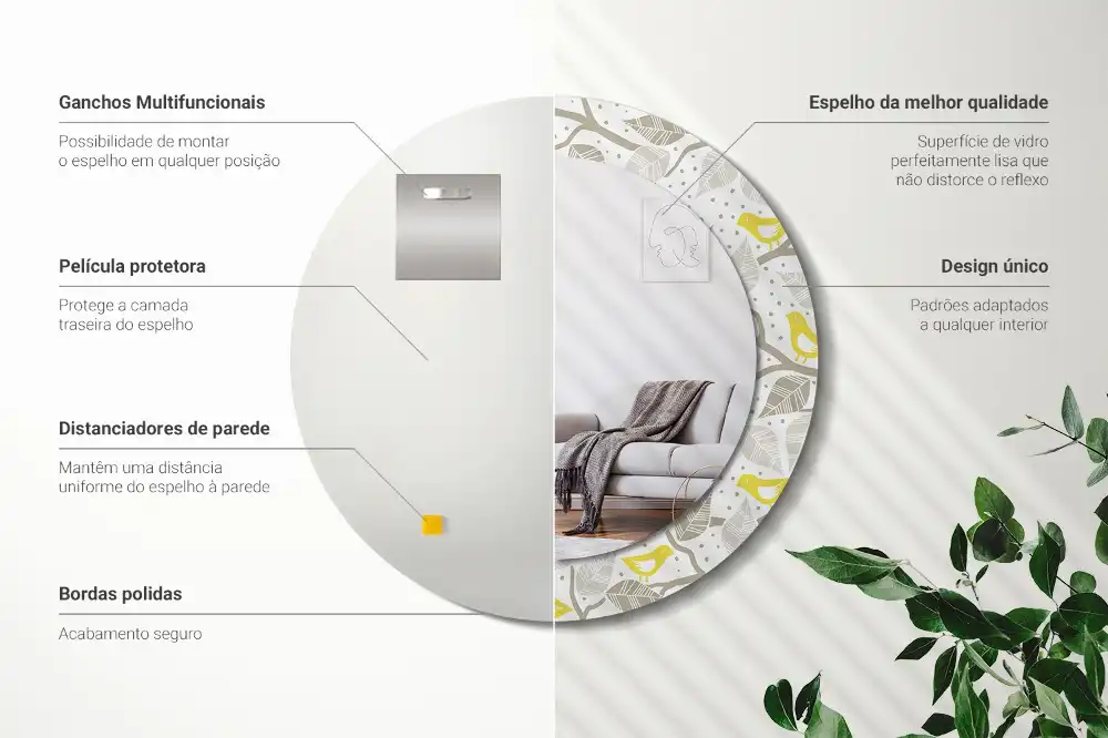Miroir rond avec décoration oiseaux jaunes sur des branches