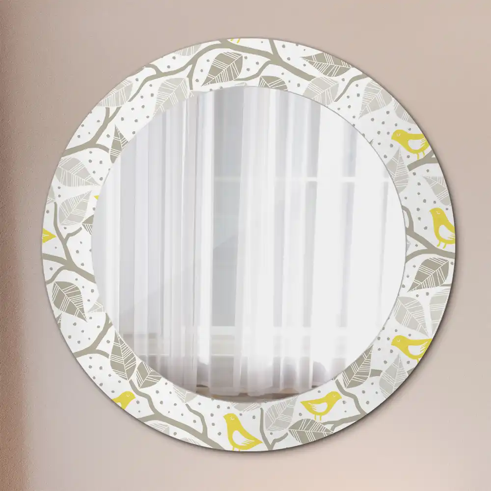 Miroir rond avec décoration oiseaux jaunes sur des branches