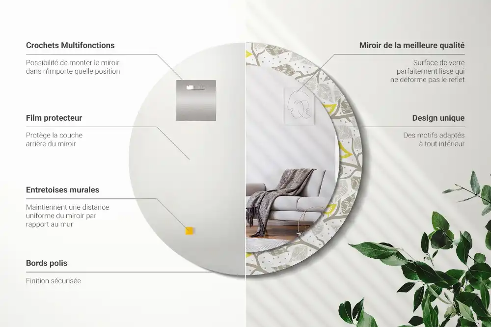 Miroir rond avec décoration oiseaux jaunes sur des branches