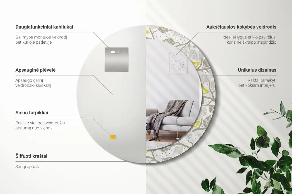 Miroir rond avec décoration oiseaux jaunes sur des branches