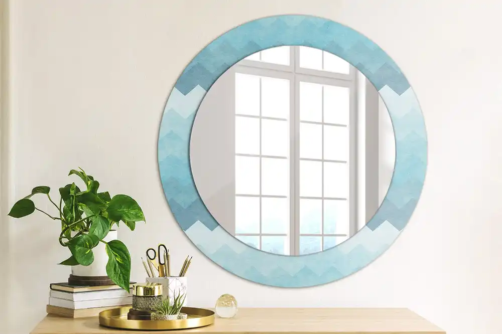 Miroir rond cadre imprimé zigzag bleu