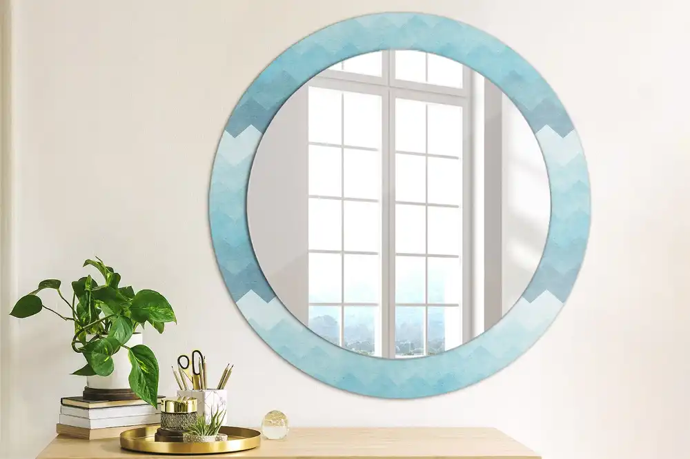 Miroir rond cadre imprimé zigzag bleu