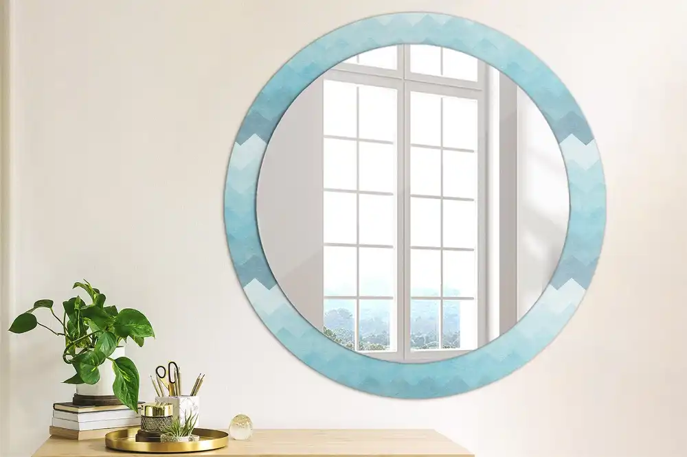Miroir rond cadre imprimé zigzag bleu