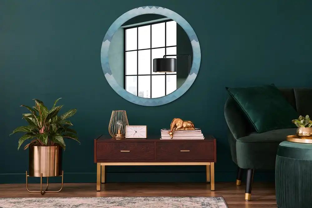 Miroir rond cadre imprimé zigzag bleu