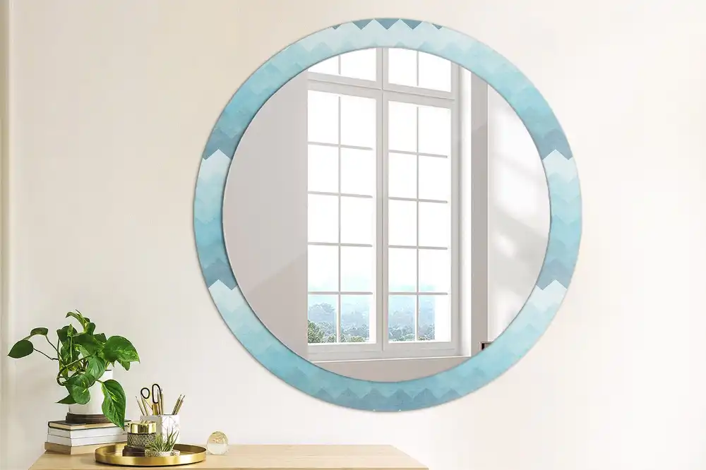 Miroir rond cadre imprimé zigzag bleu
