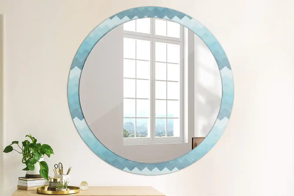 Miroir rond cadre imprimé zigzag bleu