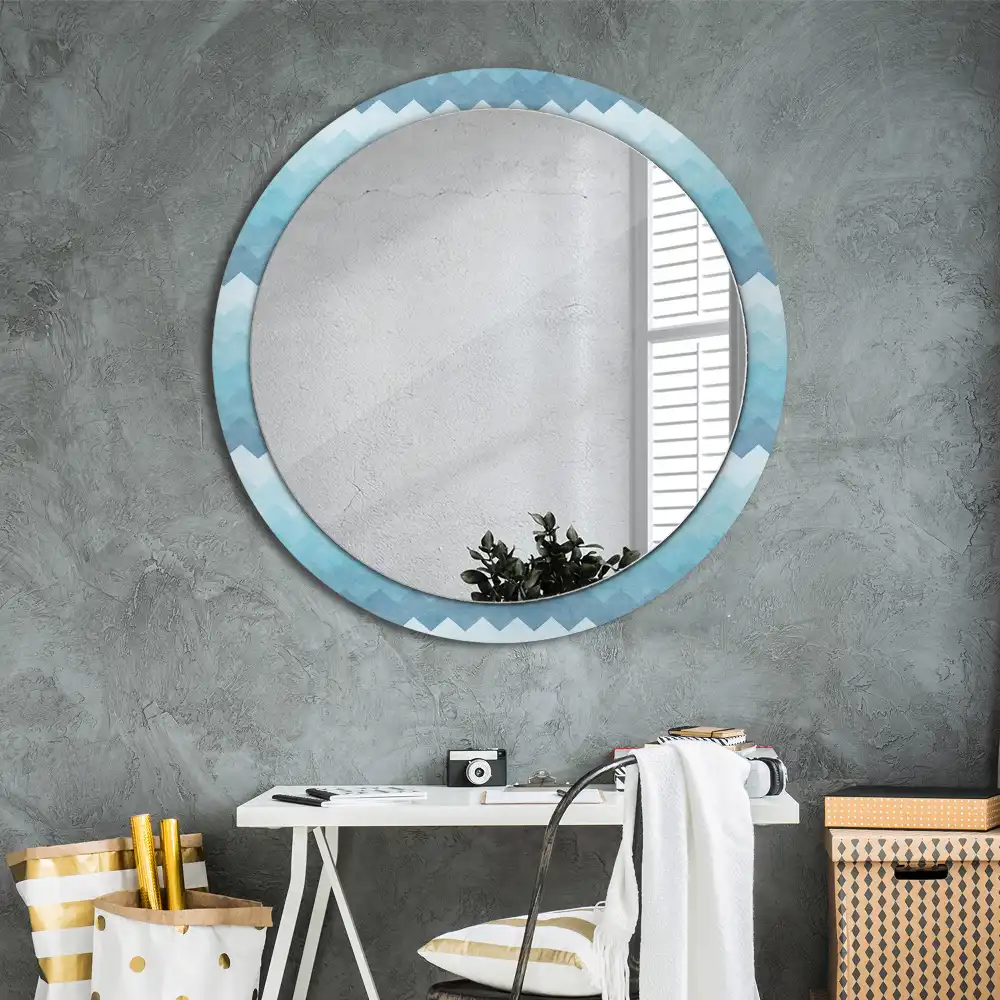 Miroir rond cadre imprimé zigzag bleu