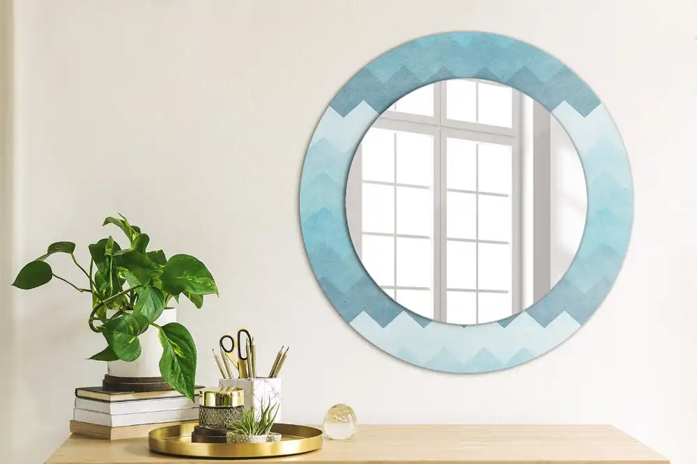 Miroir rond cadre imprimé zigzag bleu