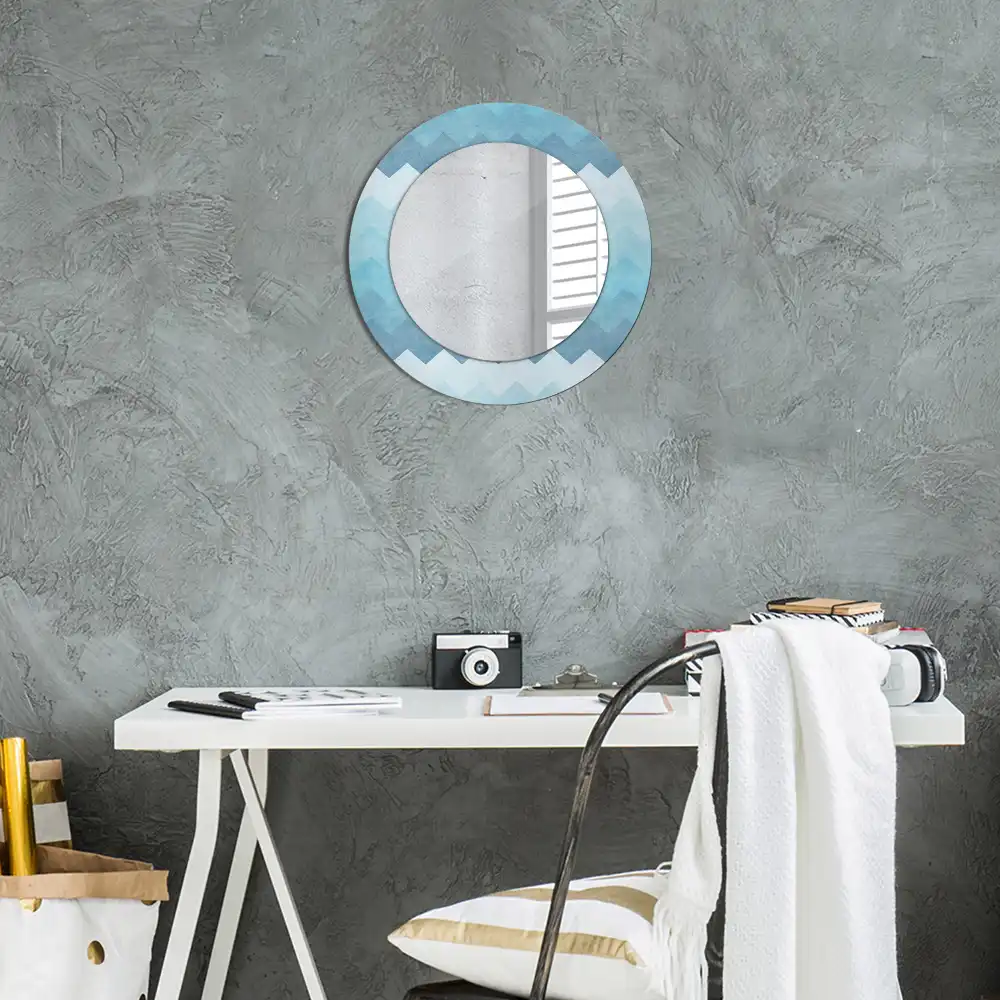 Miroir rond cadre imprimé zigzag bleu