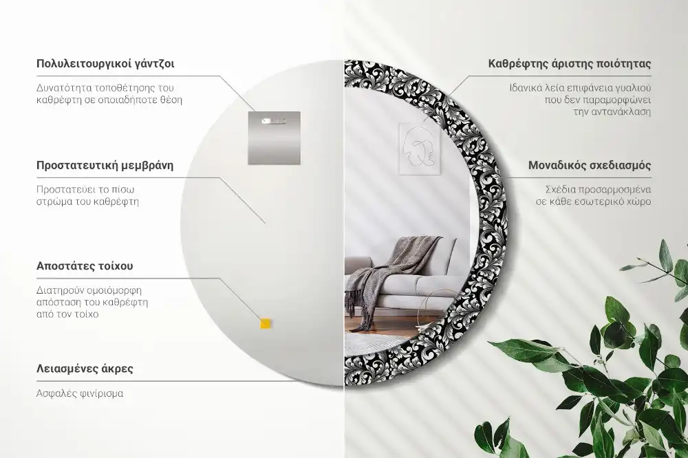 Miroir rond cadre avec impression motif ornemental