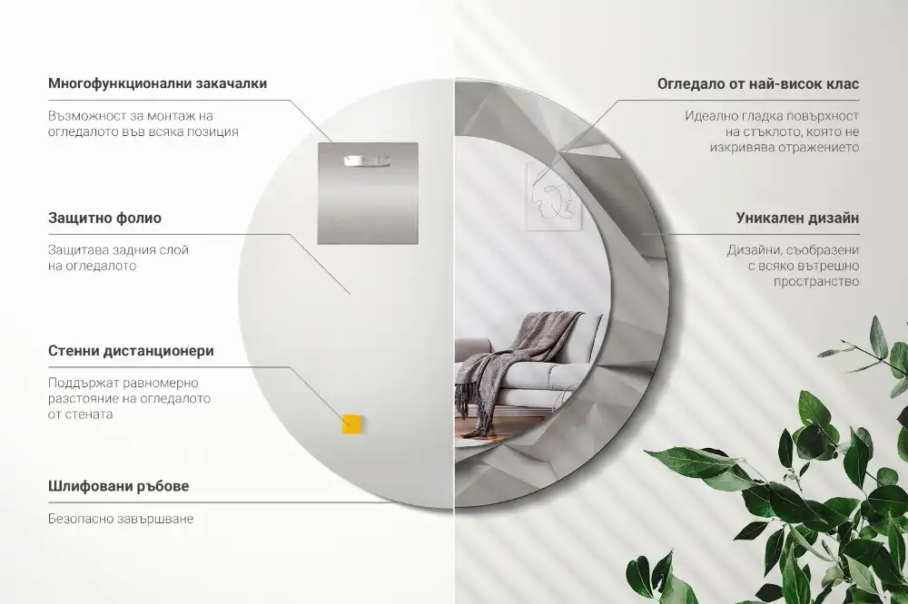 Miroir rond cadre avec impression cristal blanc abstrait