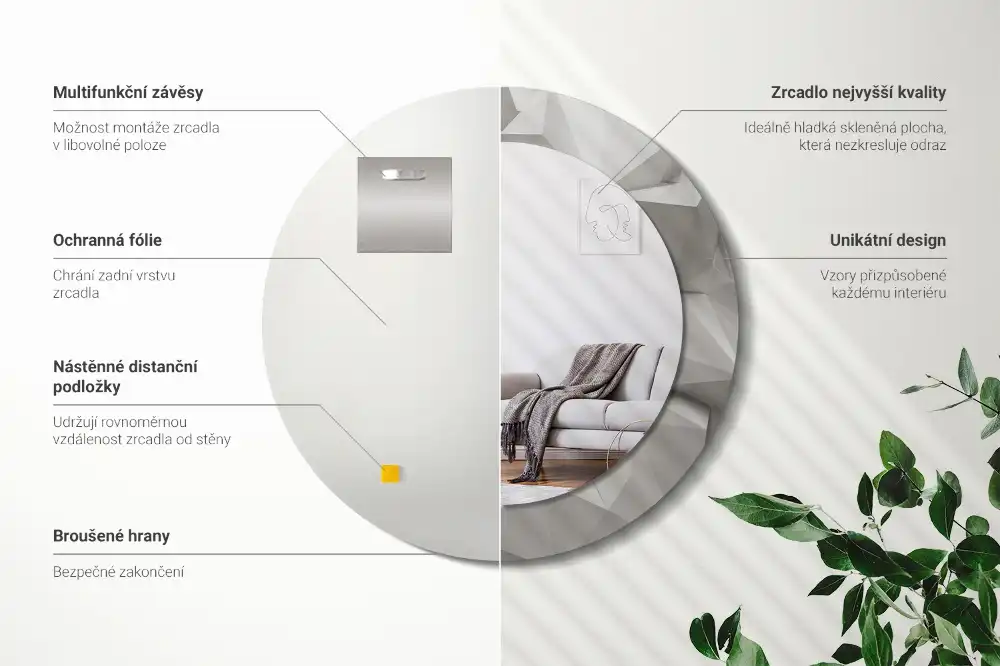 Miroir rond cadre avec impression cristal blanc abstrait