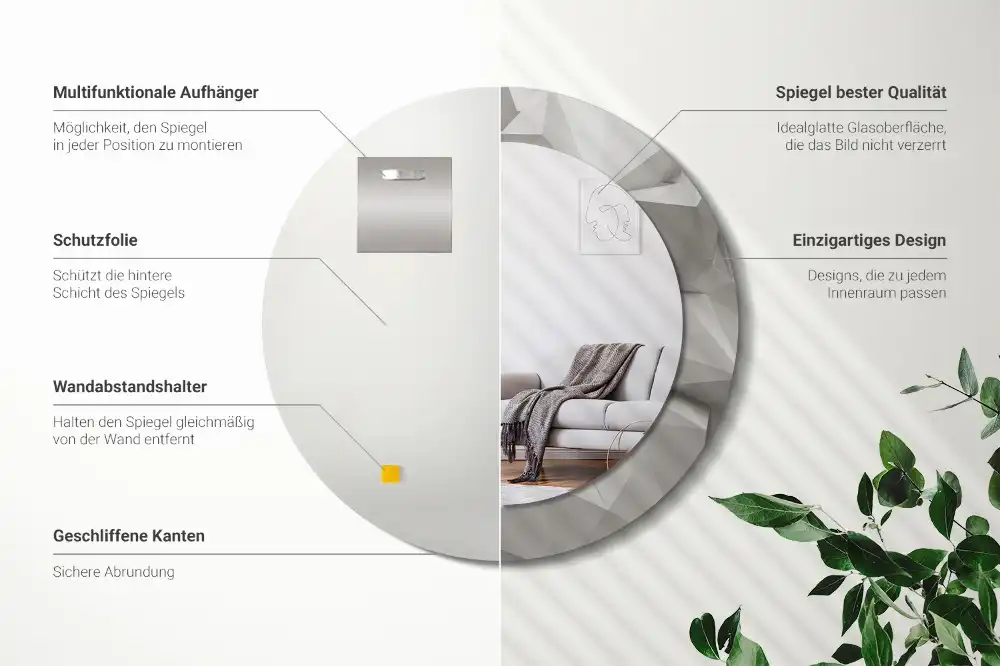 Miroir rond cadre avec impression cristal blanc abstrait