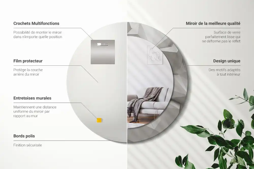 Miroir rond cadre avec impression cristal blanc abstrait