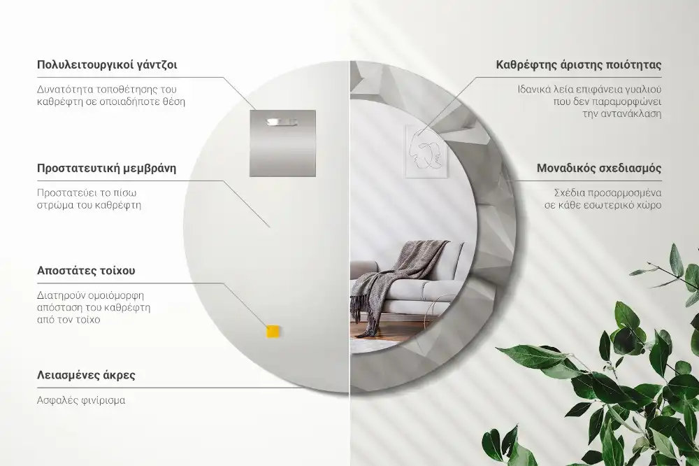 Miroir rond cadre avec impression cristal blanc abstrait