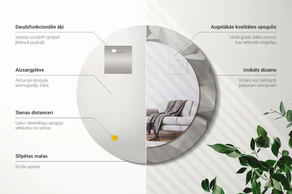 Miroir rond cadre avec impression cristal blanc abstrait