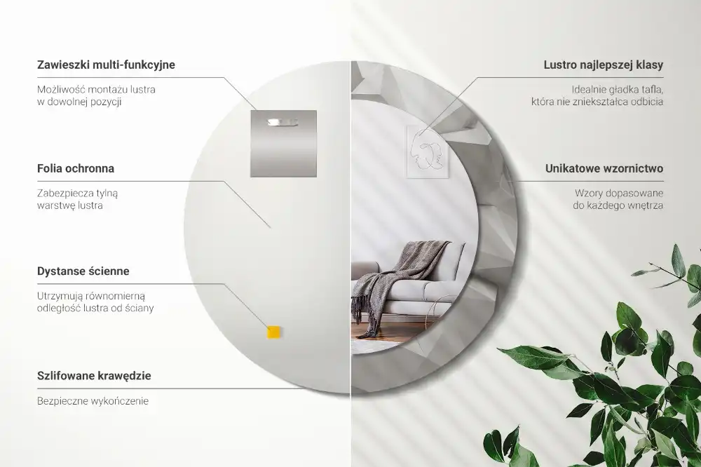 Miroir rond cadre avec impression cristal blanc abstrait