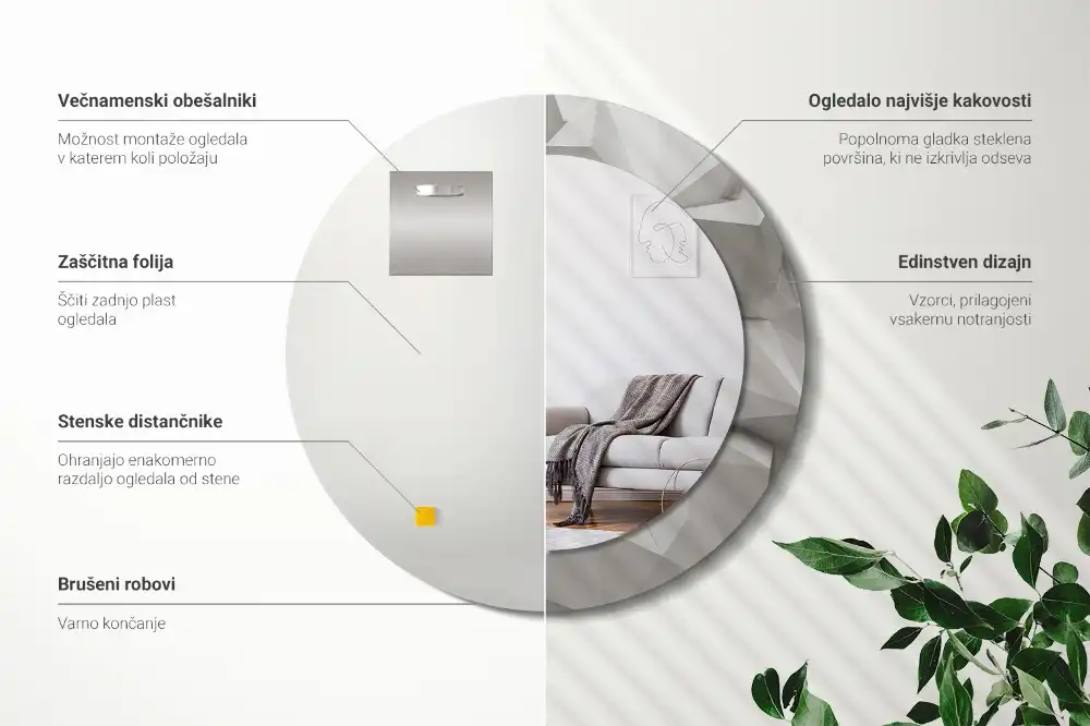 Miroir rond cadre avec impression cristal blanc abstrait