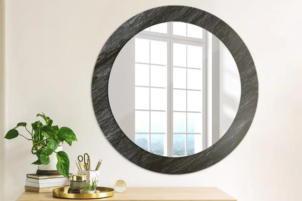 Miroir rond cadre imprimé pierre noire