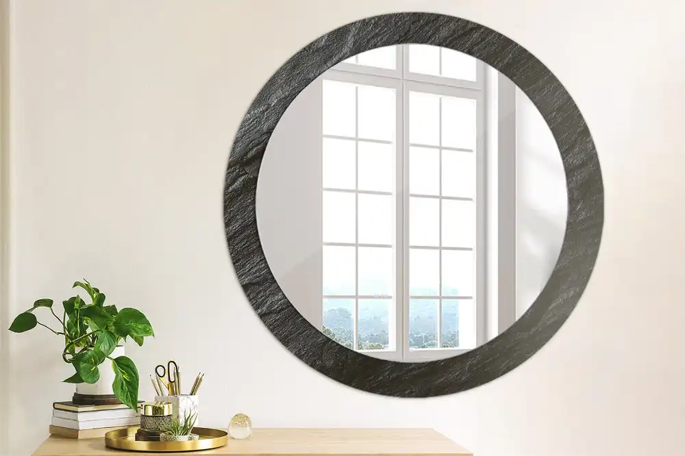 Miroir rond cadre imprimé pierre noire