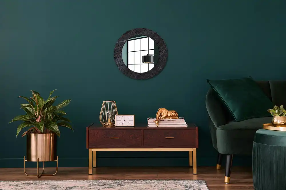 Miroir rond cadre imprimé pierre noire
