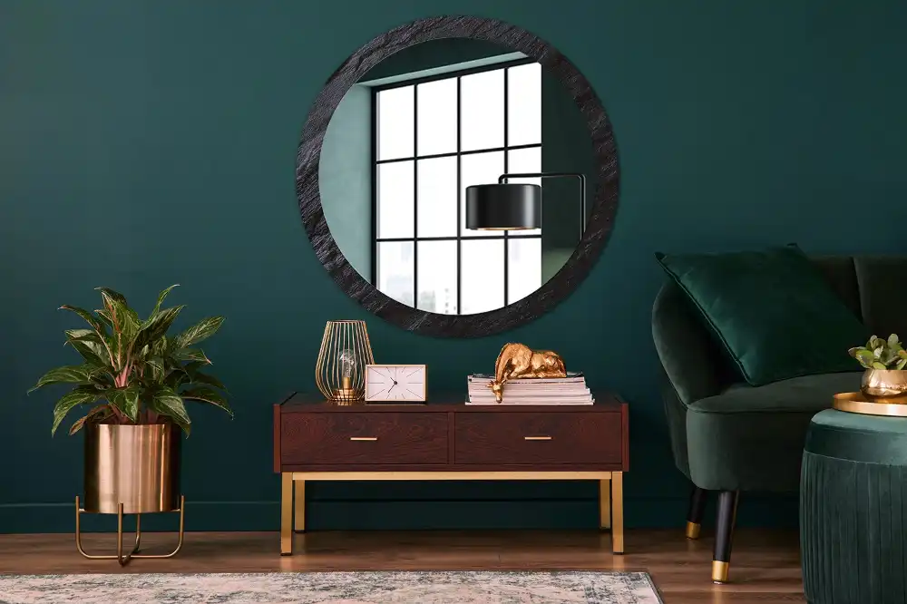 Miroir rond cadre imprimé pierre noire