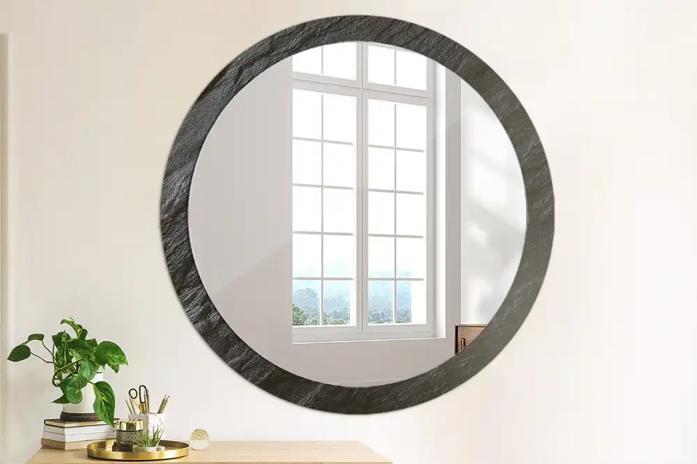 Miroir rond cadre imprimé pierre noire