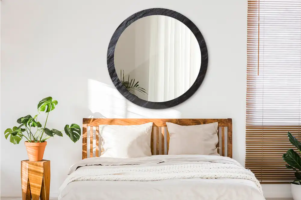 Miroir rond cadre imprimé pierre noire