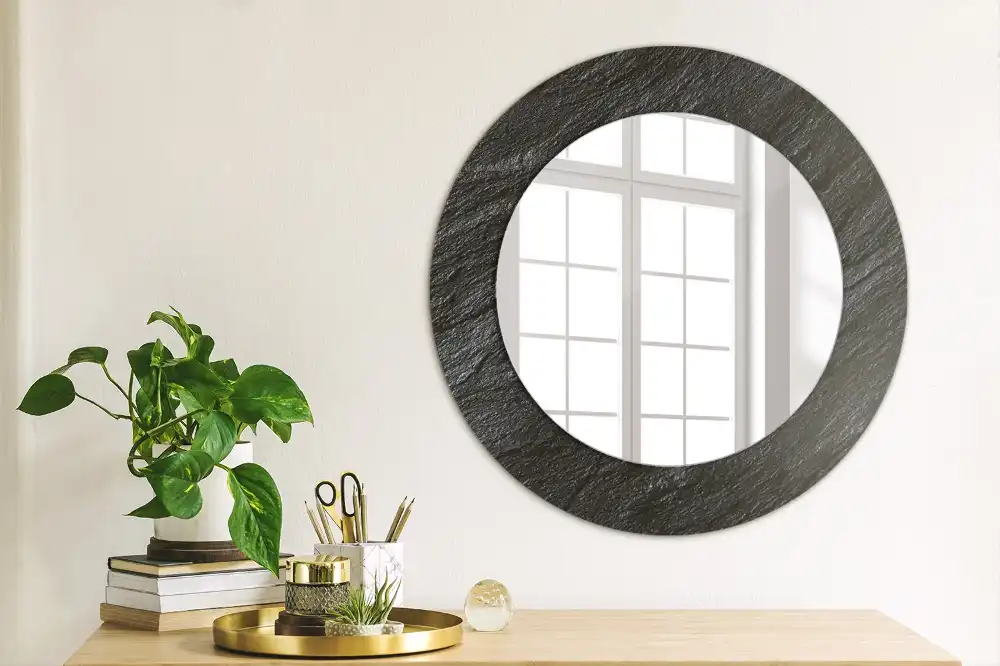 Miroir rond cadre imprimé pierre noire