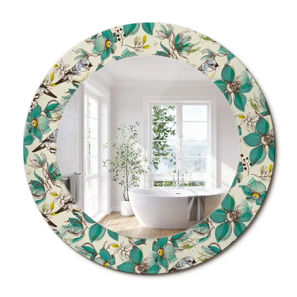 Miroir rond avec décoration oiseaux et fleurs