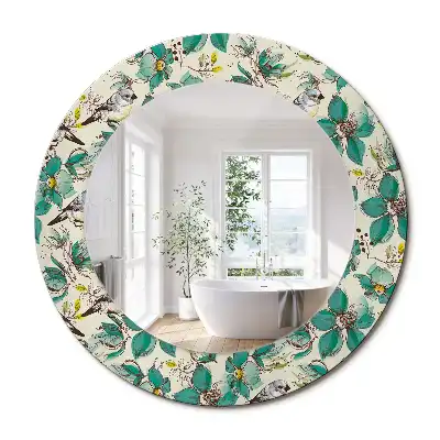 Miroir rond avec décoration oiseaux et fleurs