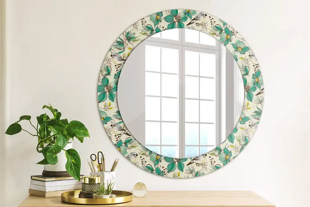 Miroir rond avec décoration oiseaux et fleurs