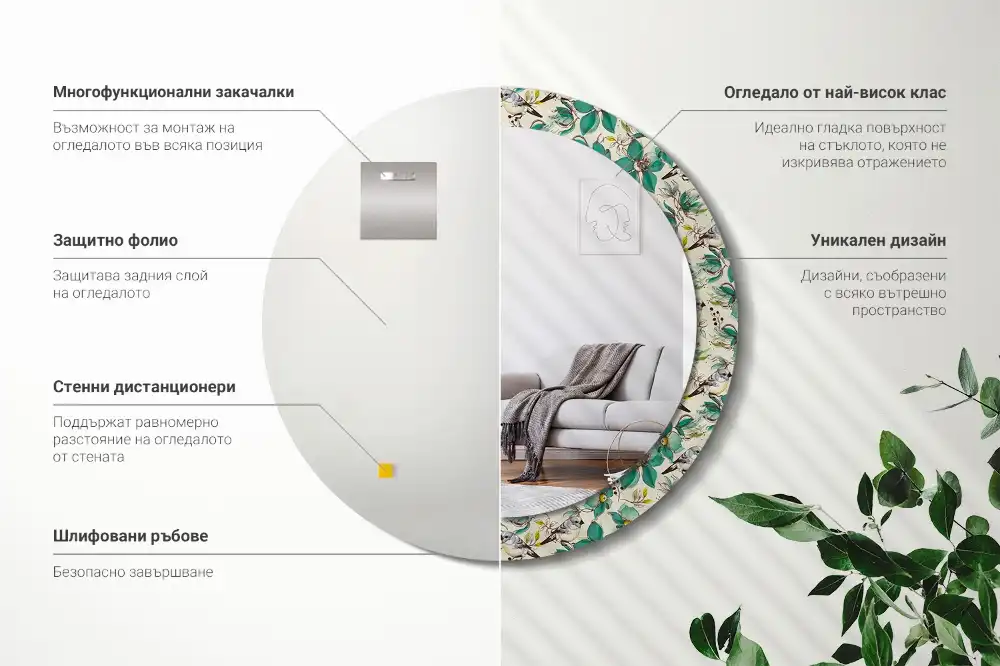 Miroir rond avec décoration oiseaux et fleurs