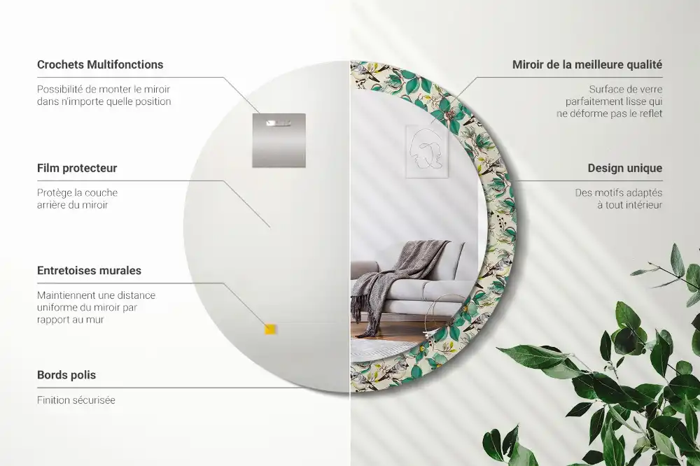 Miroir rond avec décoration oiseaux et fleurs