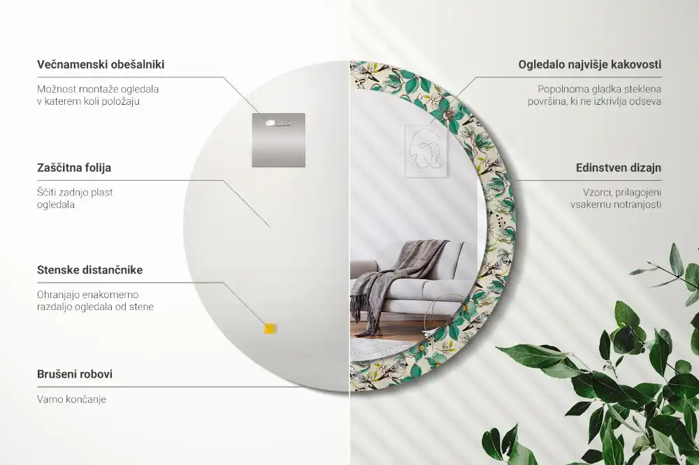 Miroir rond avec décoration oiseaux et fleurs
