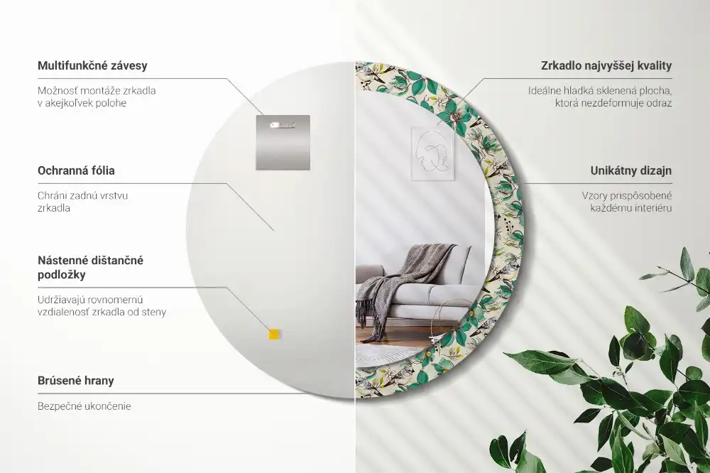 Miroir rond avec décoration oiseaux et fleurs