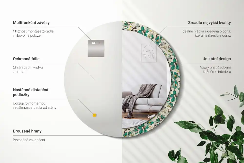 Miroir rond avec décoration oiseaux et fleurs