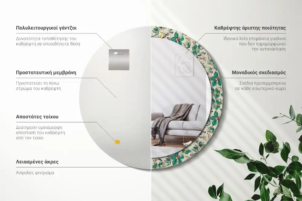 Miroir rond avec décoration oiseaux et fleurs