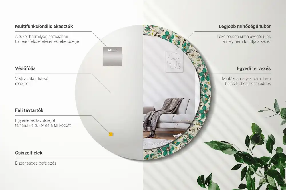 Miroir rond avec décoration oiseaux et fleurs