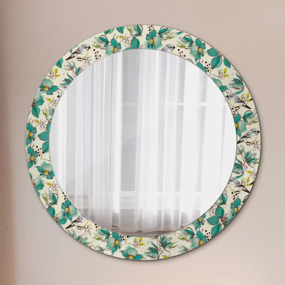 Miroir rond avec décoration oiseaux et fleurs