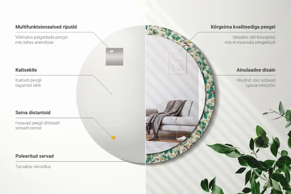 Miroir rond avec décoration oiseaux et fleurs