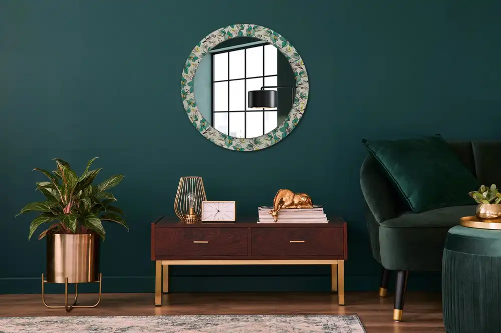 Miroir rond avec décoration oiseaux et fleurs