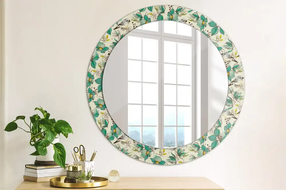 Miroir rond avec décoration oiseaux et fleurs